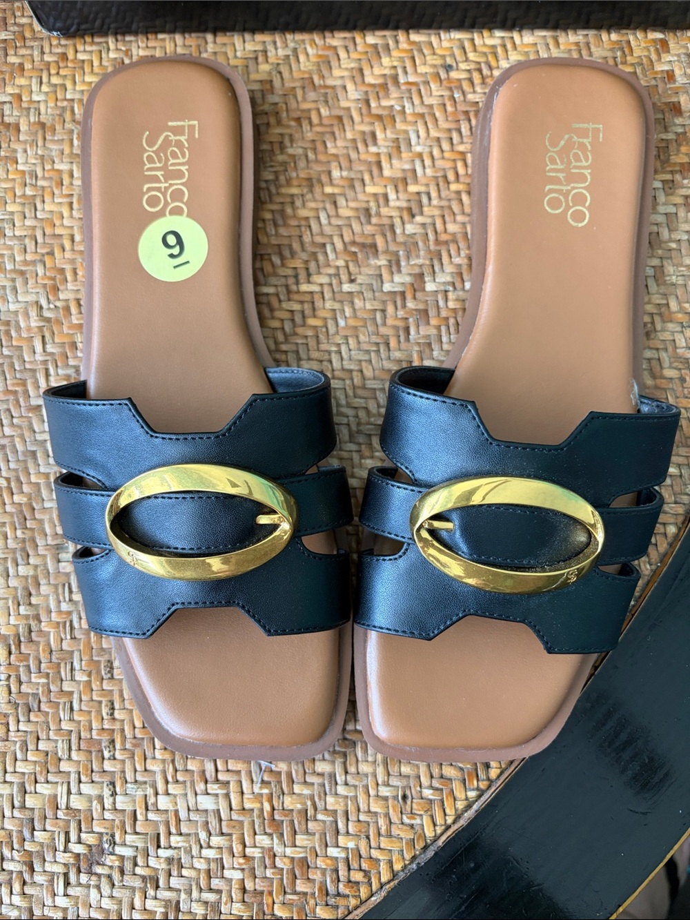 New, Never Worn Size 9 Franco Sarto Black Slide Sandals with Gold Oval Accent